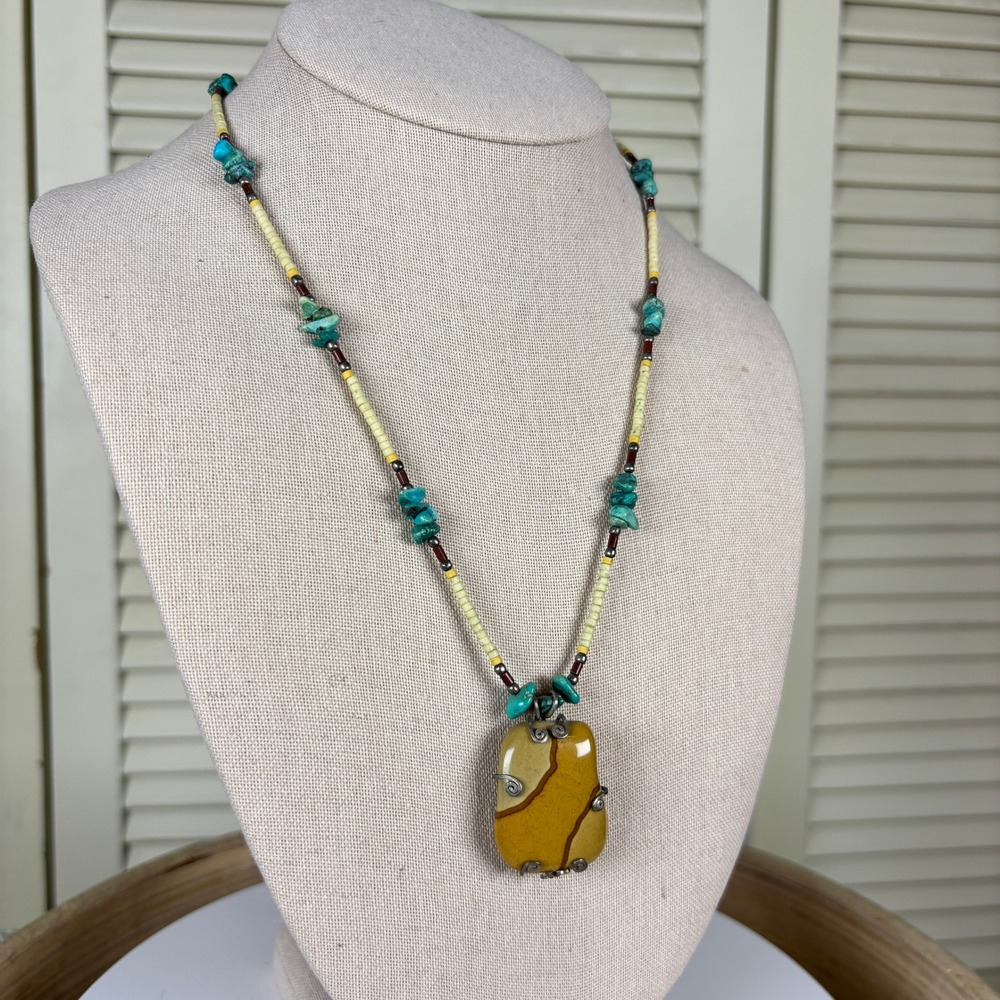 Artisan Yellow Landscape Jasper Pendant Necklace Silver Turquoise Heishi Beads